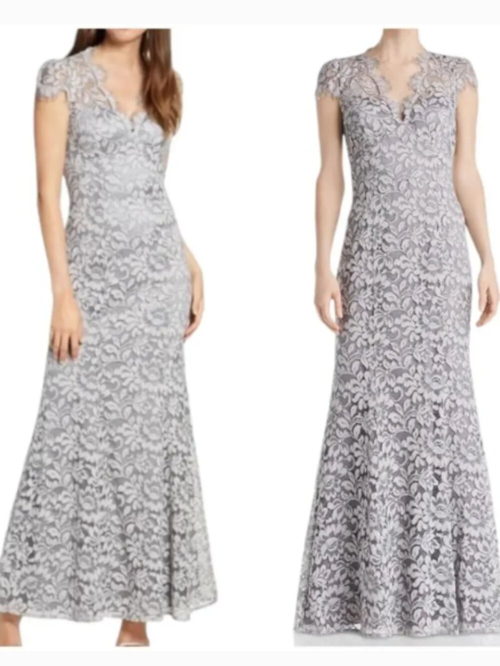 Eliza J NWOT Scalloped Sheath Lace V-Neck Floral Gown Gray Cap Sleeve Sz 14
